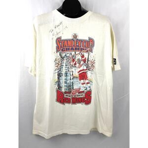 VTG Detroit Red Wings NHL Shirt L 1998 Starter T-Shirt 100% Cotton Signed White